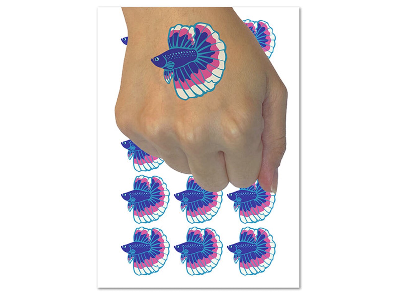 Siamese Fighting Fish Betta Splendens with Large Fins Temporary Tattoo Water Resistant Body Art Set Collection (1 Sheet)